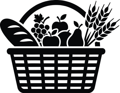 Black and white of a woven basket overflowing with food fruit bread wheat