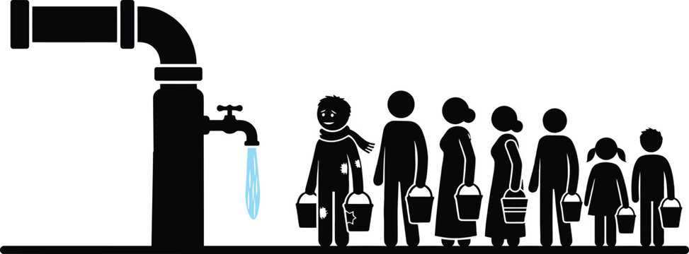 Black silhouette of a pipe with a dripping tap and a line of people waiting with buckets for water on a