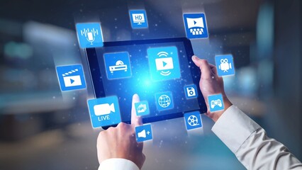 Obraz premium Multimedia technology with video, audio, photo and streaming icons representing digital media, communication and online platforms in a modern multimedia world. Gist