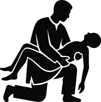 First aid rescuer kneeling and carrying injured person in arms for emergency medical assistance