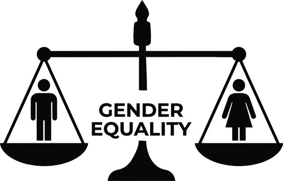 Gender Equality Scales of Justice Symbol with Male and Female Silhouettes and Text