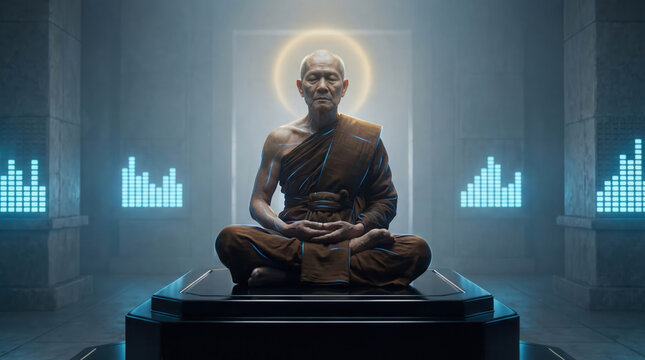 Elderly monk meditating in lotus position, wearing traditional robes with glowing blue lines. Futuristic dark room with glowing equalizer patterns.