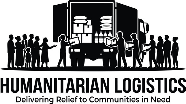 Black and white of people receiving supplies from a truck humanitarian logistics delivery boxes