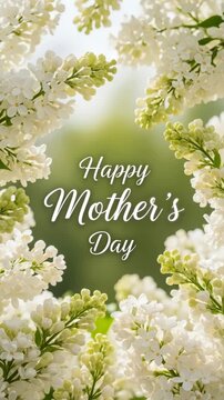 White lilac flowers surrounding a happy mother's day greeting with soft green bokeh background spring floral card design for mom celebrations