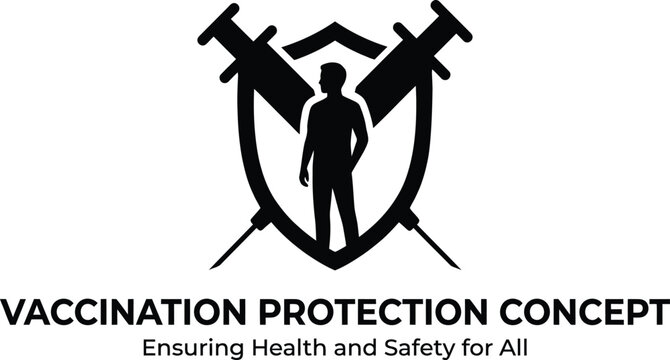 Vaccination protection concept with shield syringes and person silhouette ensuring health and safety for