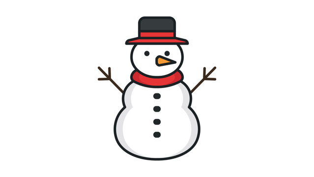 Snowman Vector Icon with Editable Stroke. A modern flat illustration of a classic three-ball snowman wearing a black top hat and red scarf, perfect for winter holidays and Christmas designs.