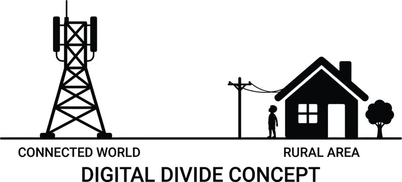 Cell tower in connected next to rural area house with power pole and tree digital divide concept