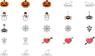 Fototapeta premium Vector Icon Set of 23 Hand-Traced Holiday Illustrations: Snowman, Santa Sleigh, Halloween Pumpkin, Spider Web, Witch Hat, Valentine Heart, and Star Tree Topper with Customizable Editable Stroke.