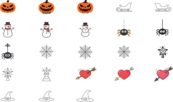 Vector Icon Set of 23 Hand-Traced Holiday Illustrations: Snowman, Santa Sleigh, Halloween Pumpkin, Spider Web, Witch Hat, Valentine Heart, and Star Tree Topper with Customizable Editable Stroke.