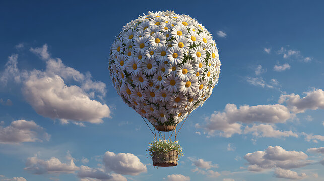 A hot air balloon covered in white daisies flying high in a blue sky with fluffy white clouds on a sunny day outdoors