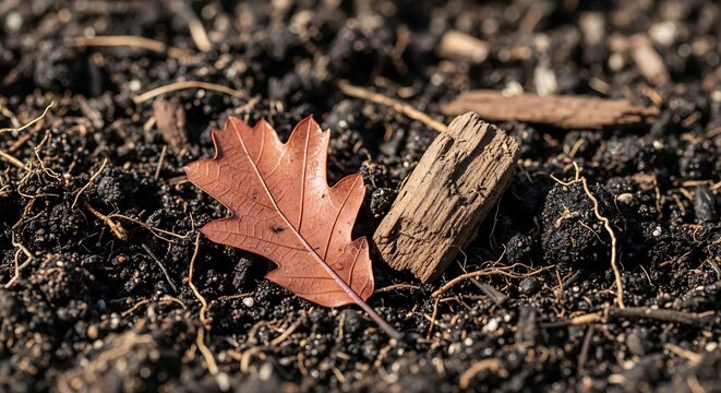 Fallen oak leaf and wood fragment on the ground with leaf litter, forest floor