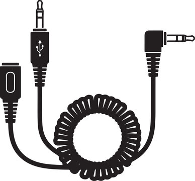 Black coiled audio cable with usb connector and 3.5mm jacks on both ends also transparent background