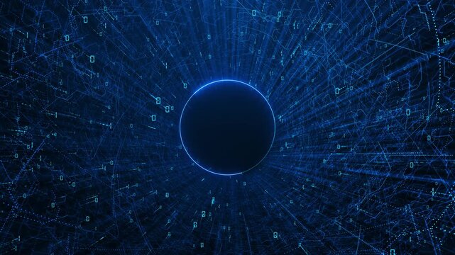Abstract futuristic animation circular streaming data lines digital network connection. cyberspace gateway, big data flow, artificial intelligence, technology innovation, virtual interface environment