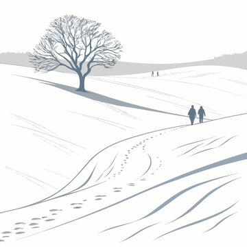 A minimalist winter landscape illustration featuring a bare tree and people walking in the snow