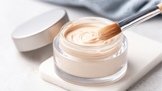 Open jar of creamy cosmetic foundation product with a smooth swirl texture, a soft makeup brush resting on top