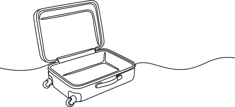 Minimalist one line drawing of an open empty suitcase with wheels and handle isolated on transparent background