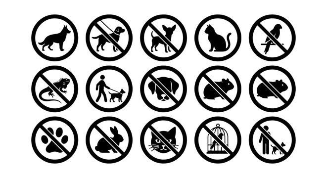 Prohibited Pet Icons Set, No Animals Allowed Signs, Forbidden Animal Symbols, Vector Graphics