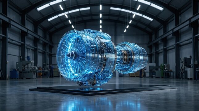 Holographic projection of jet engine displaying 3d render of aircraft motor in hangar.