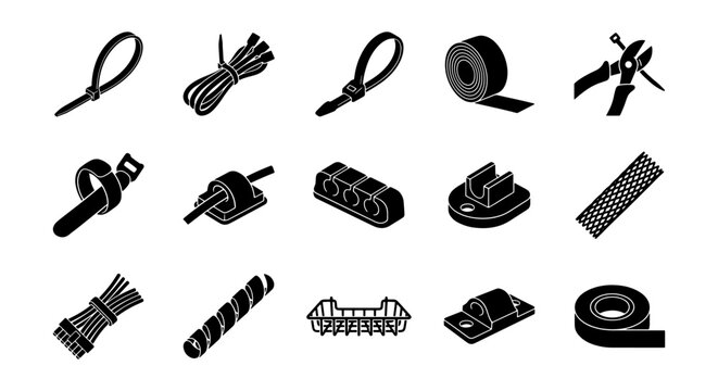 Cable Management Icons: Wire Ties, Clips, Organizers, and Tools Vector Set