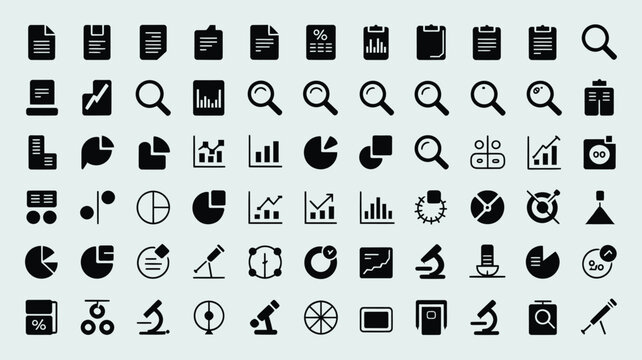 Set of 70 Black Data Analysis and Research Vector Icons