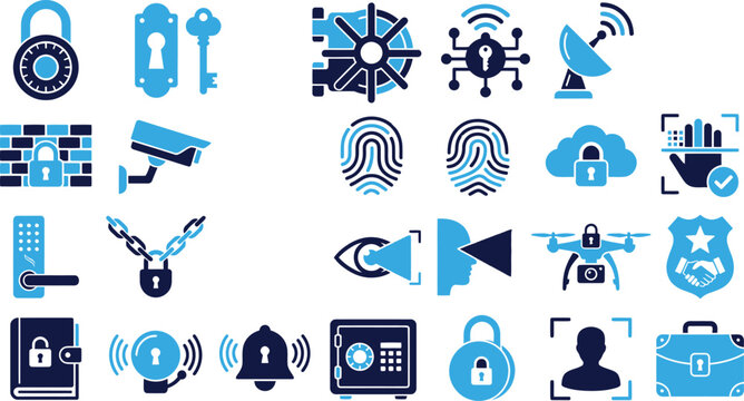 Security and protection icons collection in blue and dark blue theme.