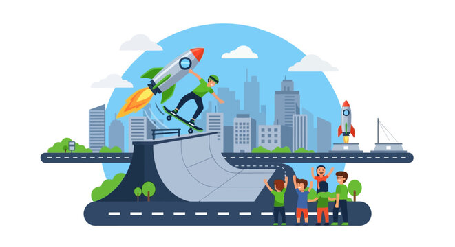 Man Riding Rocket Skateboard Down Ramp.