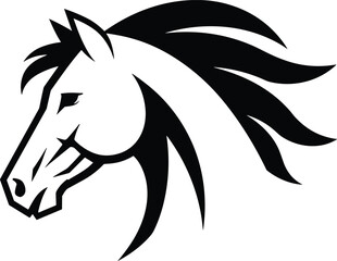 Black and white horse head vector illustration with flowing mane isolated on white background for sports mascot and equestrian branding. © MostAnzuara