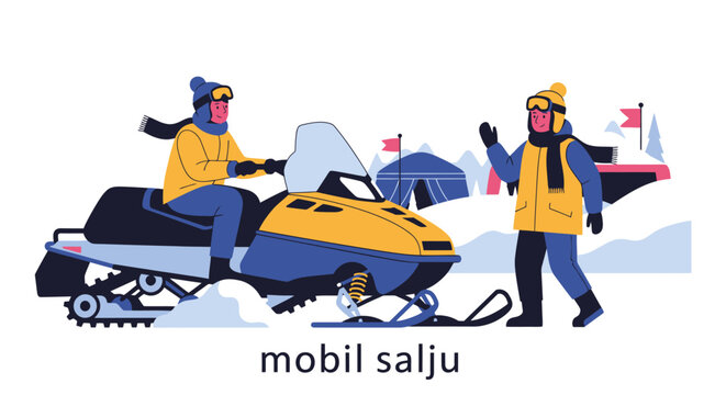 People Riding Snowmobile Winter Fun.
