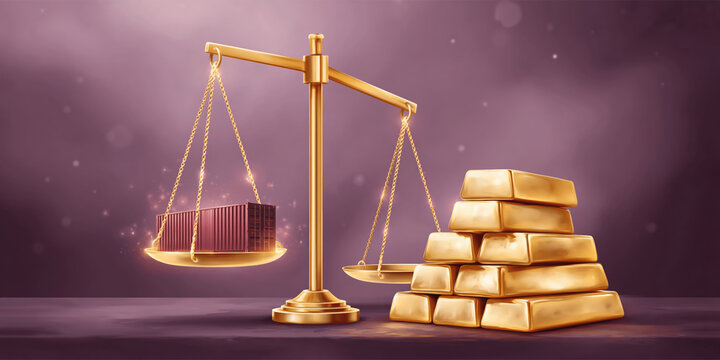 Gold balance scale with cargo container and gold bar for logistics trade