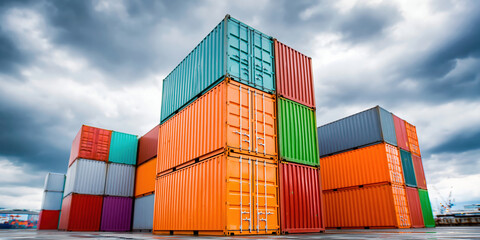 Fototapeta premium Shipping container stack for logistics trade under cloudy sky