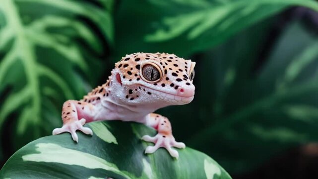 Captivating Leopard Gecko with Striking Eyes Perched on a Vibrant Green Leaf