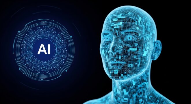 Artificial intelligence in the form of a futuristic human head and a circular AI emblem on a black background