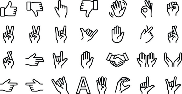 A diverse vector graphic illustration presenting a comprehensive collection of hand gestures, icons, and communicative signs for design projects.