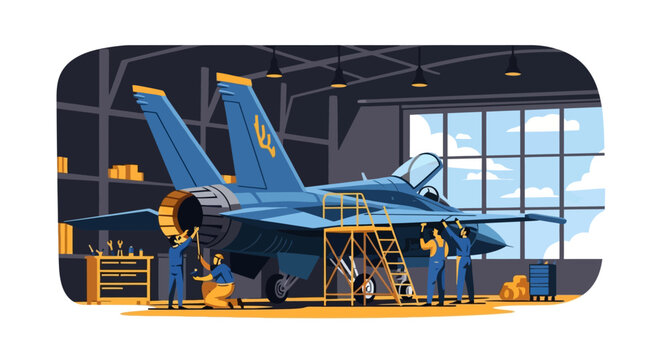 Blue Fighter Jet in Hangar Bay.