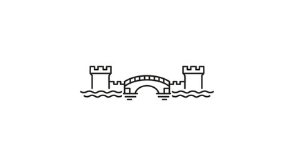 Minimalist Black Line Vector Icon Illustration of a Medieval Castle Bridge and Moat with Water Waves, Featuring Editable Stroke for Customizable Design, Isolated on White Background for Web. © MostMoriom