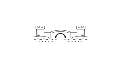 Minimalist black line vector icon of a medieval castle moat with two towers and a stone bridge over water. This editable stroke illustration features a clean outline design on white background. © MostMoriom