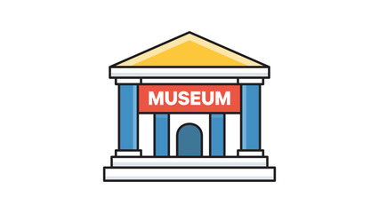 Naklejka premium Museum Facade Icon: A modern flat vector illustration of a classical building with columns, a yellow roof, and a red sign. Editable stroke vector icon for culture, history, and education.