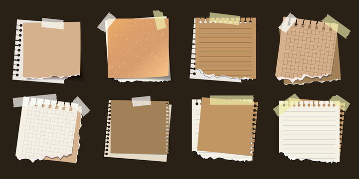 Set of torn paper notes and sticky sheets with tape, lined and grid textures, isolated on dark background. Realistic scrapbook elements for design, memo, and stationery concepts. Vector illustration