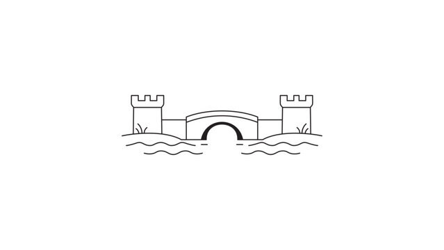 Minimalist black line vector icon of a medieval castle moat with two towers and a stone bridge over water. This editable stroke illustration features a clean outline design on white background.
