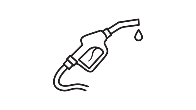 Minimalist black line vector icon of a gas station fuel pump nozzle with a drop of gasoline, featuring an editable stroke for customizable line weight, isolated on a white background illustration.