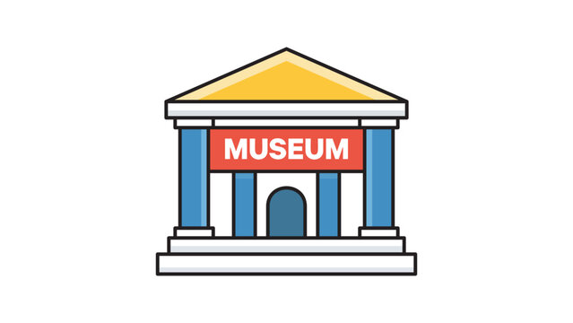 Museum Facade Icon: A modern flat vector illustration of a classical building with columns, a yellow roof, and a red sign. Editable stroke vector icon for culture, history, and education.