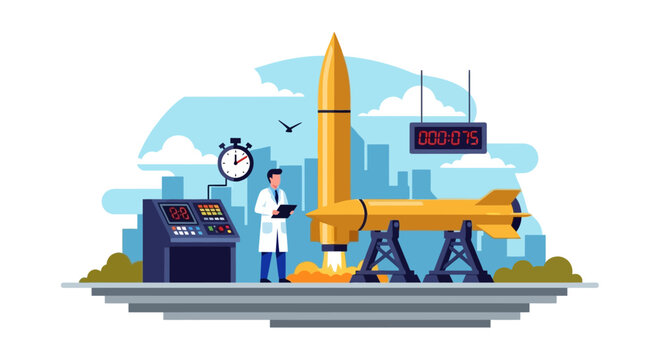 Man in lab coat near rocket.