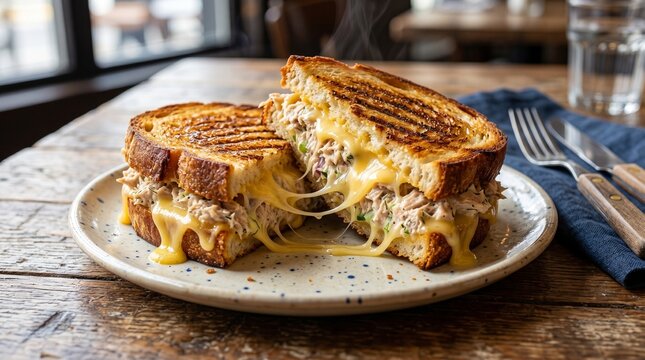 Gourmet tuna melt sandwich with melted cheddar cheese, toasted sourdough bread panini on a rustic wooden table, delicious hot deli lunch