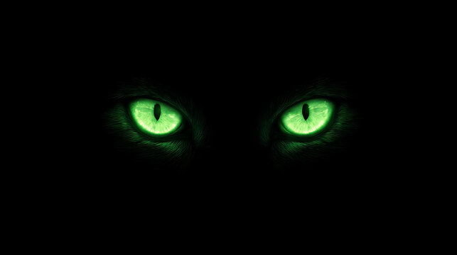 Glowing green eyes of a cat in the dark looking scary