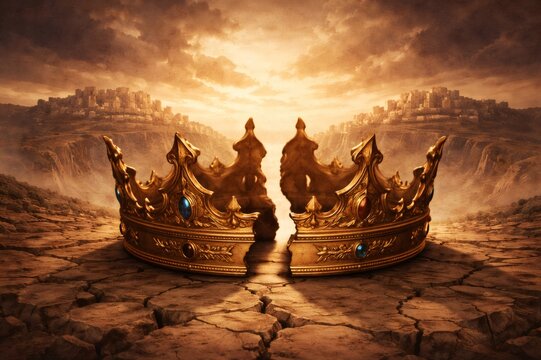 Broken golden crown on dry cracked earth. The division of the kingdom of Israel.