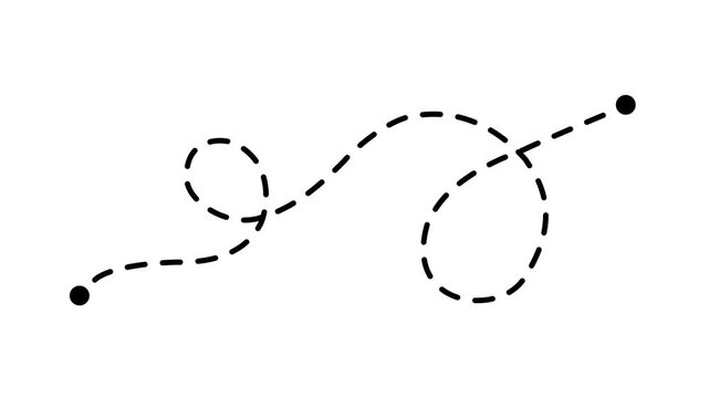 Black dashed loopy travel path animation, animated dotted line with loops, organic map route motion graphic, whimsical destination trail, creative journey path on white background.