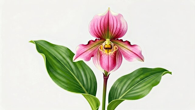 Pink lady slipper orchid botanical painting with large green leaves on white background classic elegant floral artwork.