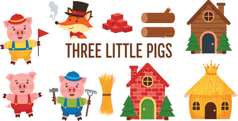 Fototapeta premium Three little pigs fairy tale vector set with pig characters, wolf, straw, wood and brick houses, cute children story illustration collection isolated