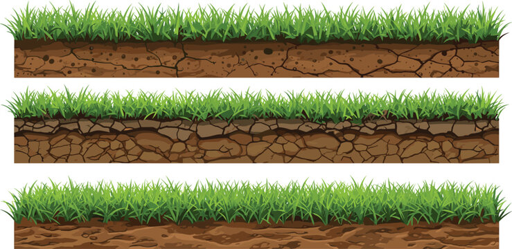 Grass and Soil Ground Layers Collection with Different Terrain Textures for Game Design, Nature Landscape Cross Section Vector Illustration Set
