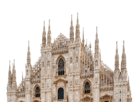 Isolated Milan Cathedral building, a magnificent Gothic landmark with ornate spires and statues in Italy.